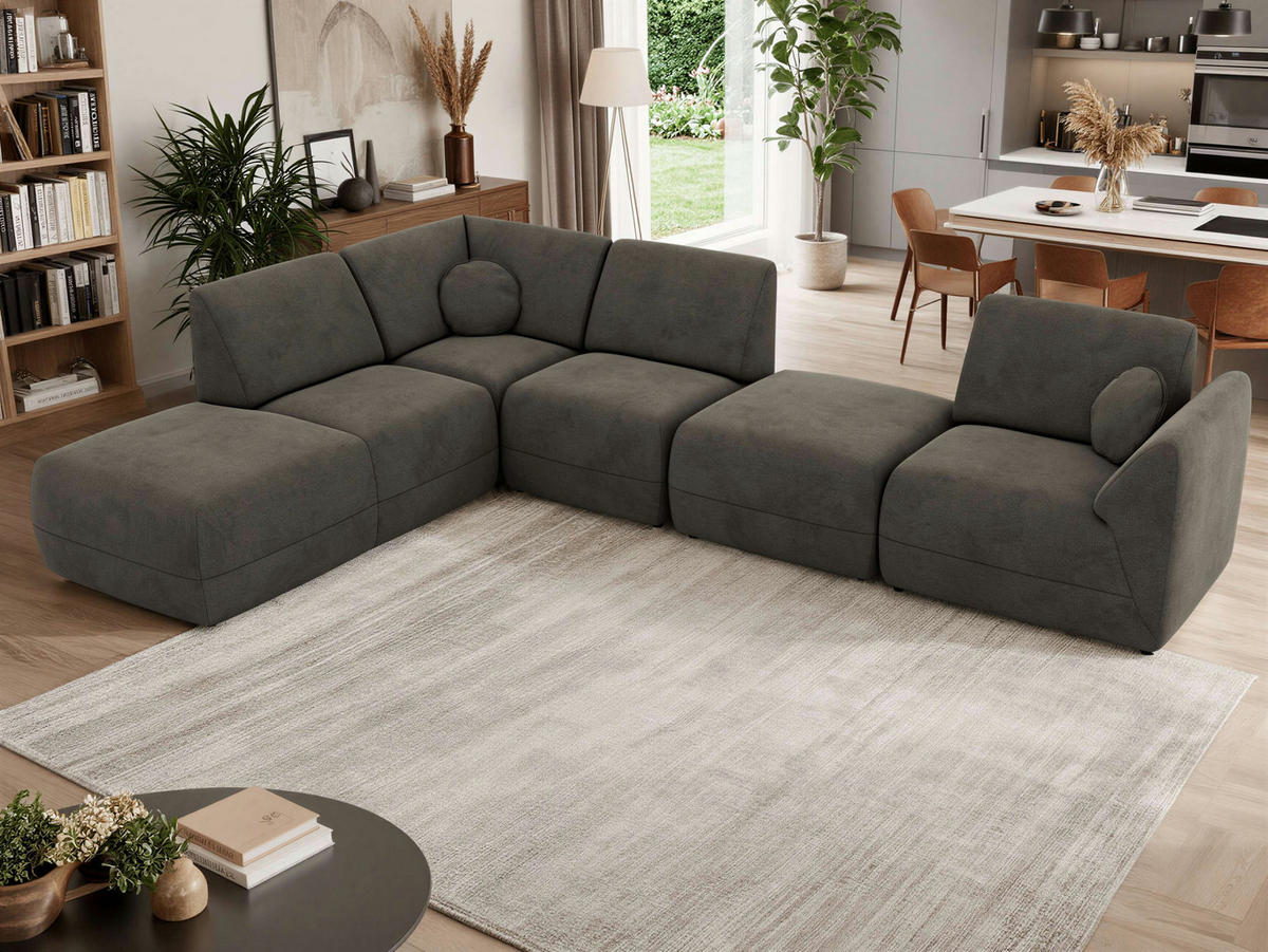 ECKSOFA NOARA 6M L Dunkelgrau Velvet - Links - Dunkelgrau/Schwarz, Kunststoff/Textil (244/355cm) - MKS