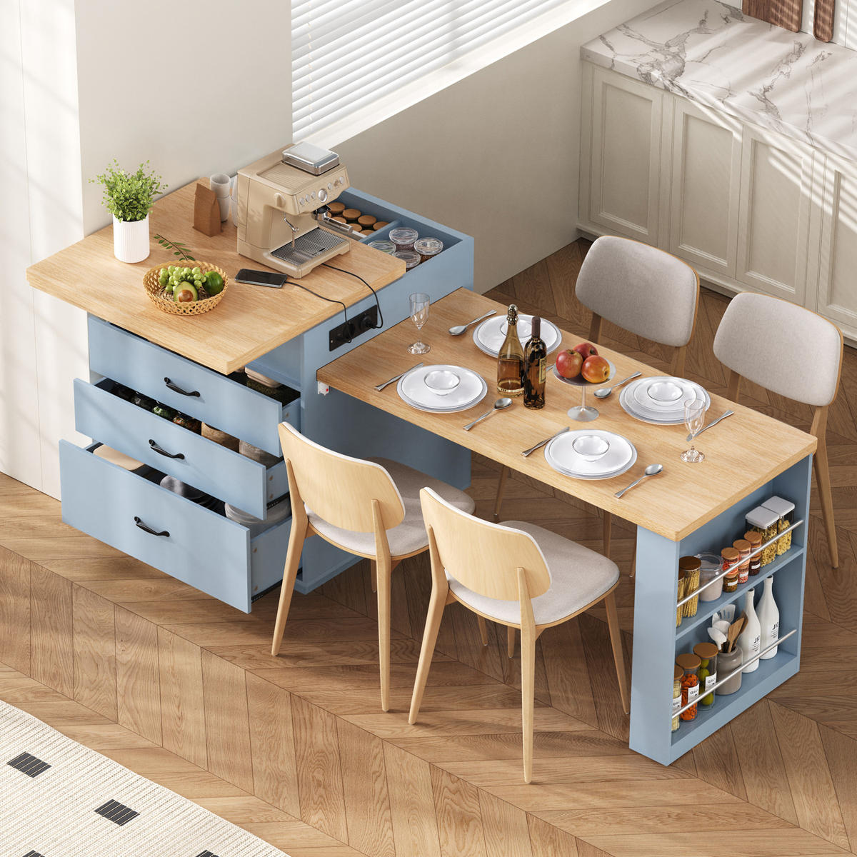 KÜCHENINSEL 125,5-187,5/71/93 cm aus MDF mit ausziehbarer Tischplatte, LED-Beleuchtung, USB/Type-C und Rollen, Blau - Hellblau, Holzwerkstoff (125.5/93/71cm) - Redom
