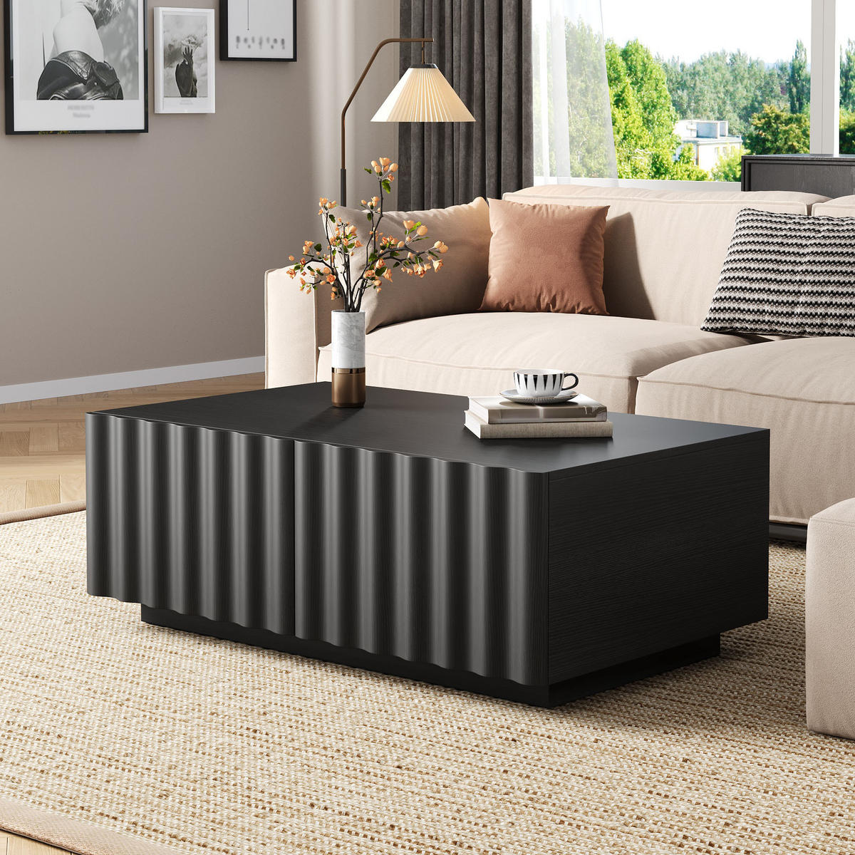 COUCHTISCH Wellenmuster 2 Schubladen modern Stauraum - Schwarz, Holzwerkstoff (100/50/40cm) - FLIEKS