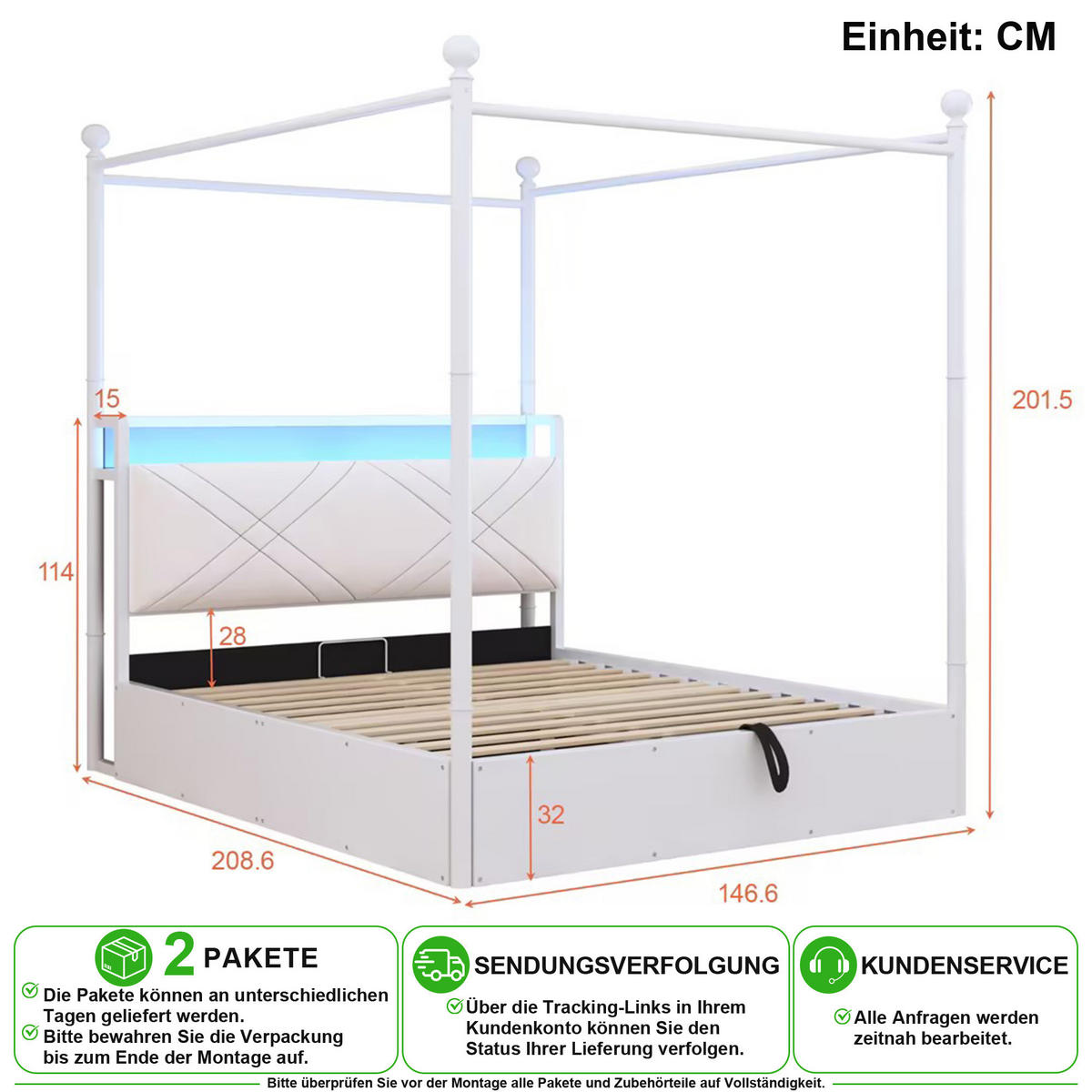 METALLBETT 140/190 cm in Weiß mit Bettkasten, LED, USB und Type-C - Weiß, Holzwerkstoff/Metall (140/190cm) - CHICFURN