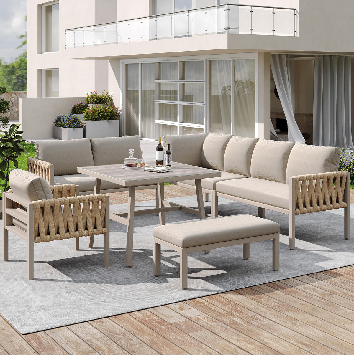 GARTENMÖBELSET mit Metallgestell, Ecksofa + Tisch mit Glasplatte, 238/61/78 cm, Beige - Beige, Metall - Redom