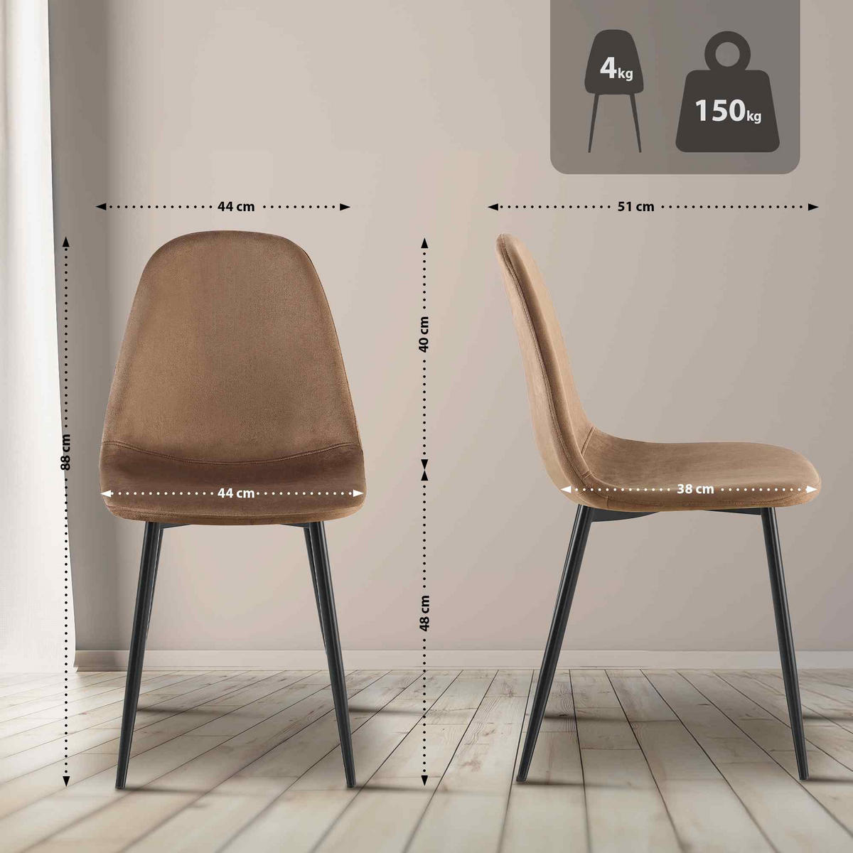 STUHL 4er Set Samt Braun - Schwarz/Braun, Textil/Metall (44/88/51cm) - CLP