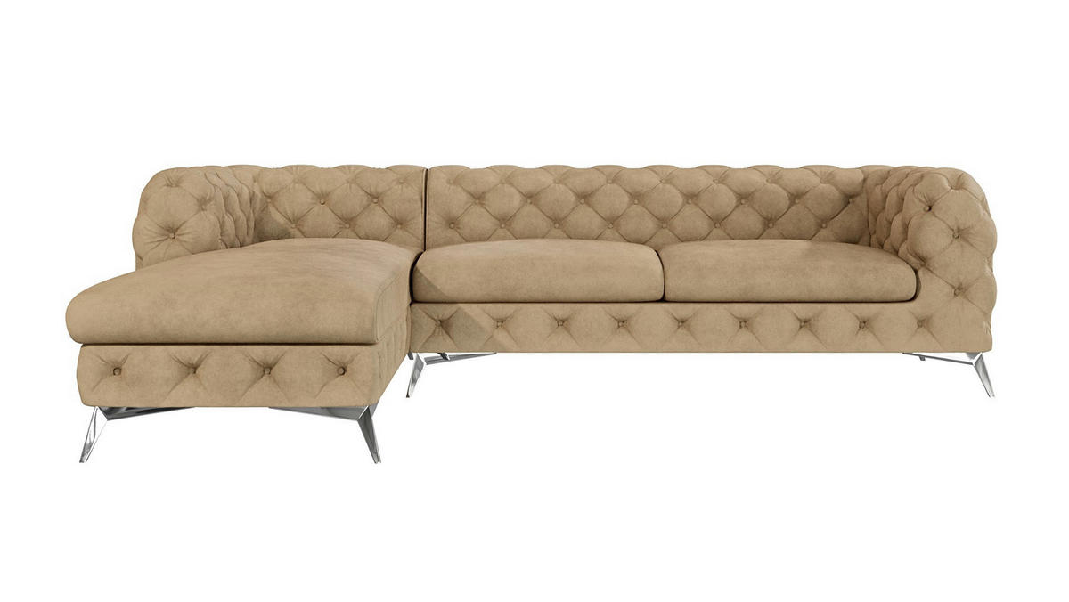 ECKSOFA Chesterfield Laura Beige Samt - Beige/Silberfarben, Holz/Textil (305/200cm) - S-Style Möbel