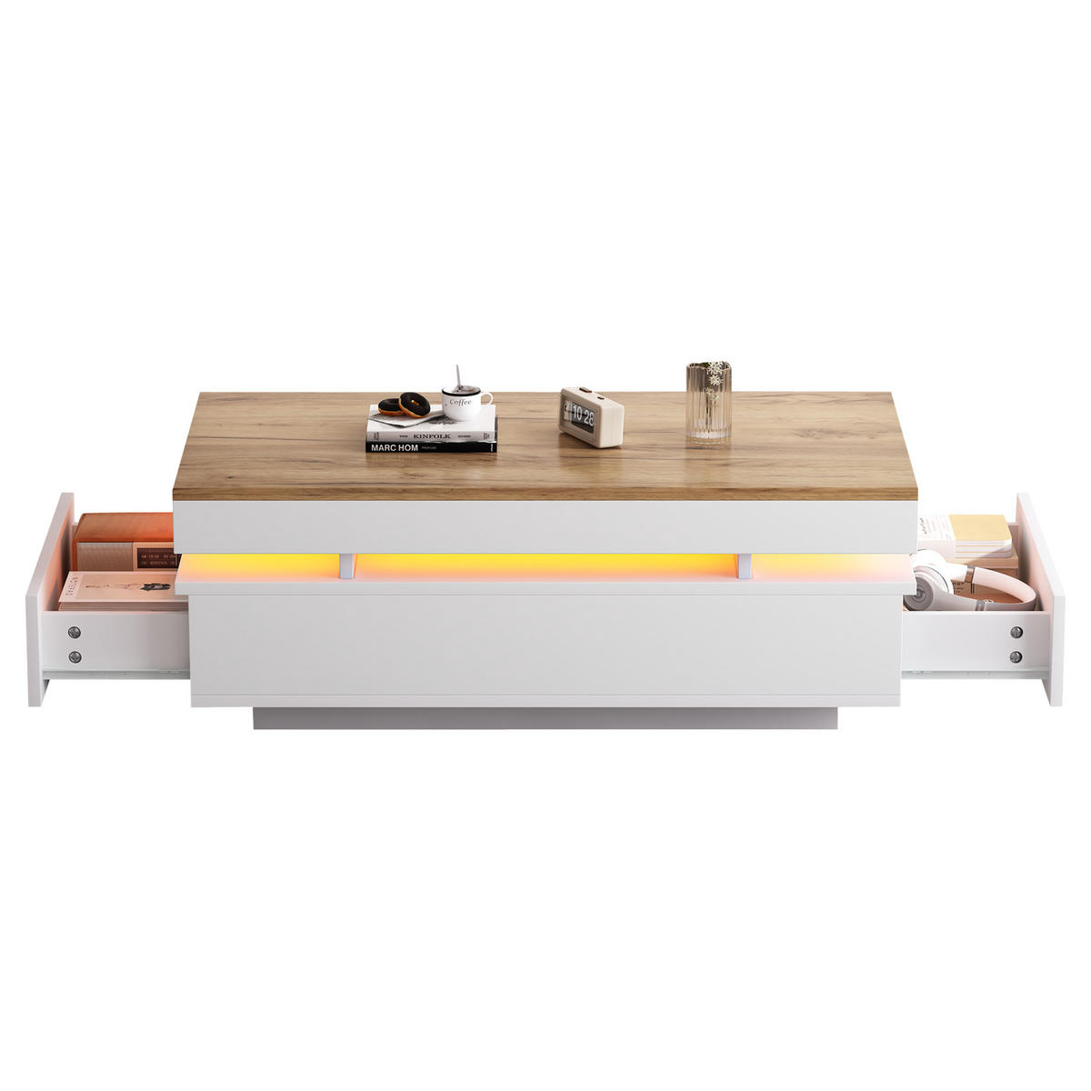 COUCHTISCH 100/50/35 cm weiß/holzfarben aus Spanplatte mit 2 Schubladen und LED-Beleuchtung - Weiß, Holzwerkstoff (100/50/35cm) - OKWISH