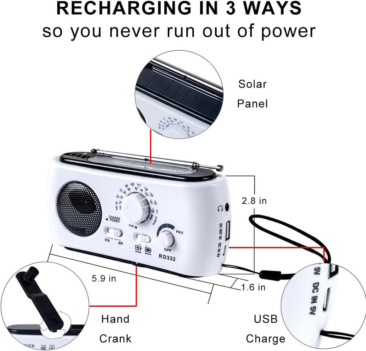 RADIO – FM/AM – LED-Taschenlampe/Notladefunktion/Batteriebetrieben – Weiß - Weiß, Kunststoff (15/7/5cm)