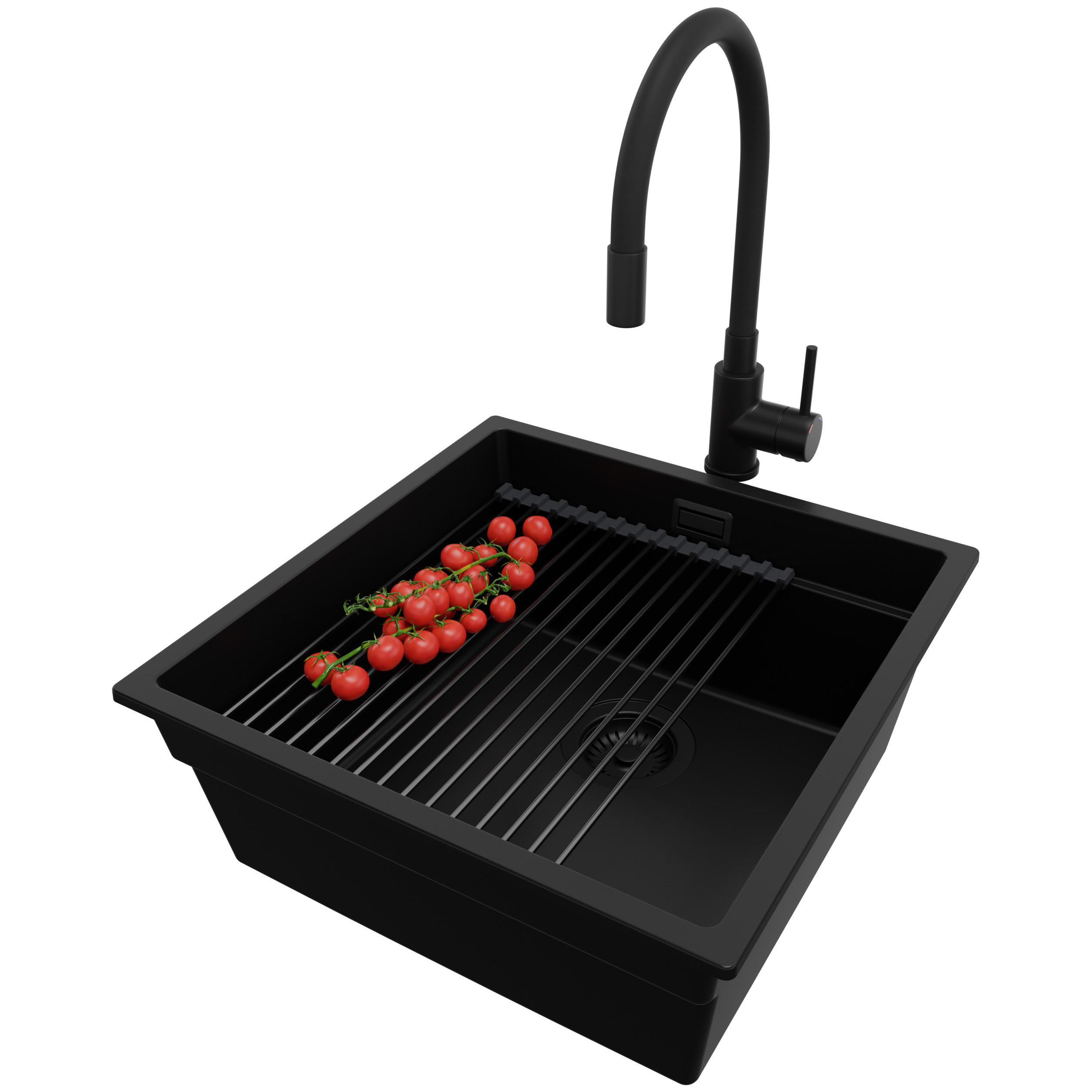 GRANITSPÜLE Praga Slim, 2-er set Schwarz 46/47 cm 1 Becken + Küchenarmatur 40/38 cm + Ablauf-Set + Aufrollbare Abtropffläche ab 50er Unterschrank - Schwarz, Kunststoff (46/20/47cm) - Primagran