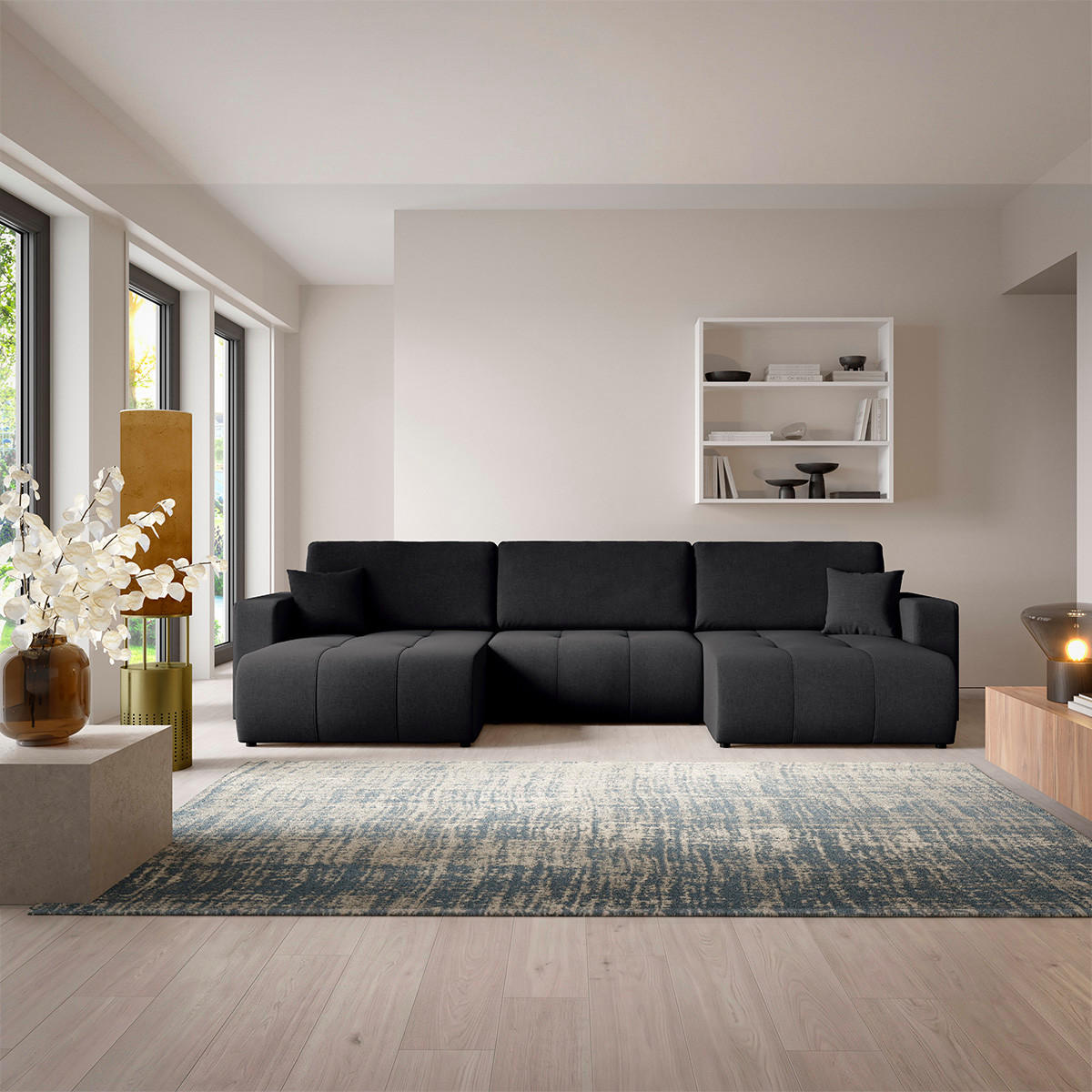PANORAMASOFA Giulia 5 Sitzplätze Schwarz - Schwarz, Holz (344/82/149cm) - Petits-meubles