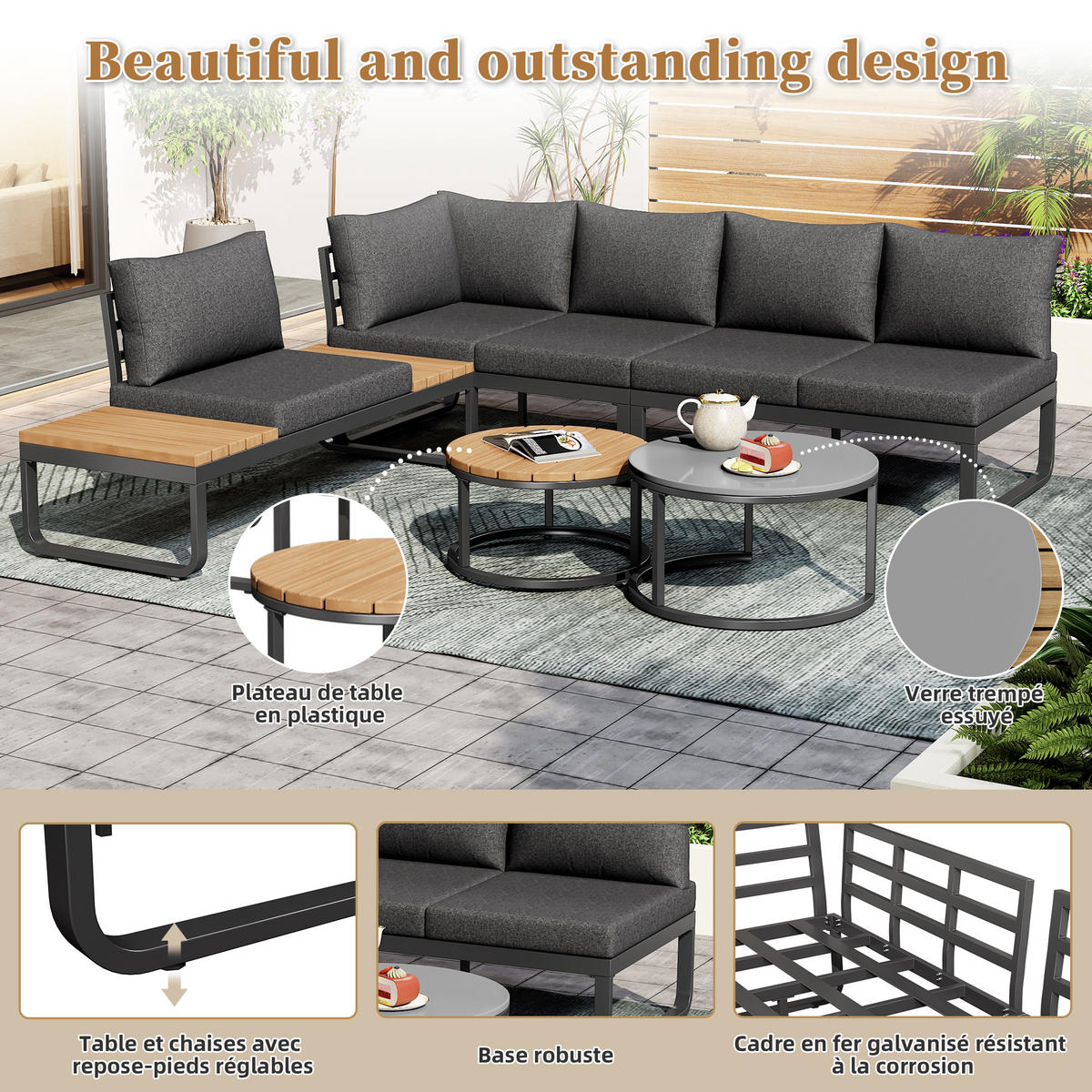 GARTENMÖBEL-SET Outdoor 5 Sitzplätze Grau - Grau, Metall - ComfortXL