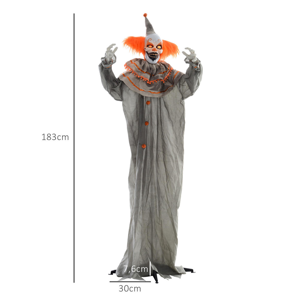 HALLOWEEN DECORATIONS Dekoration Clown, Soundfunktion, Orange+Grau, 183cm - Orange, Kunststoff/Metall (65/183/18cm) - HOMCOM
