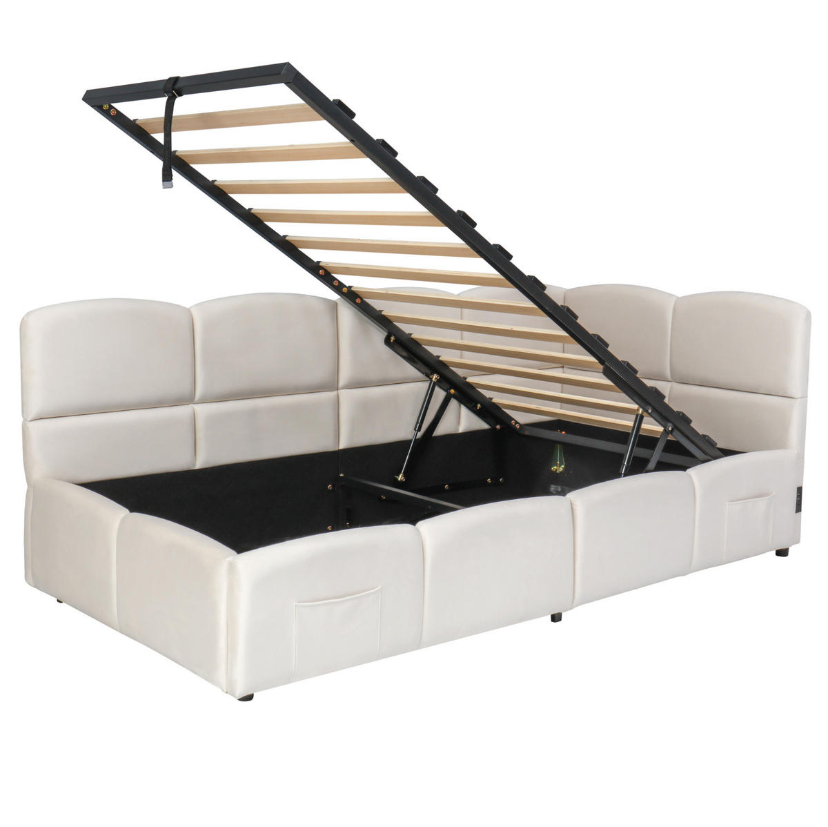 POLSTERBETT 90/200 cm aus Samt mit hydraulischem Stauraum und USB-Anschluss Beige - Beige, Textil (90/200cm) - Modenvie