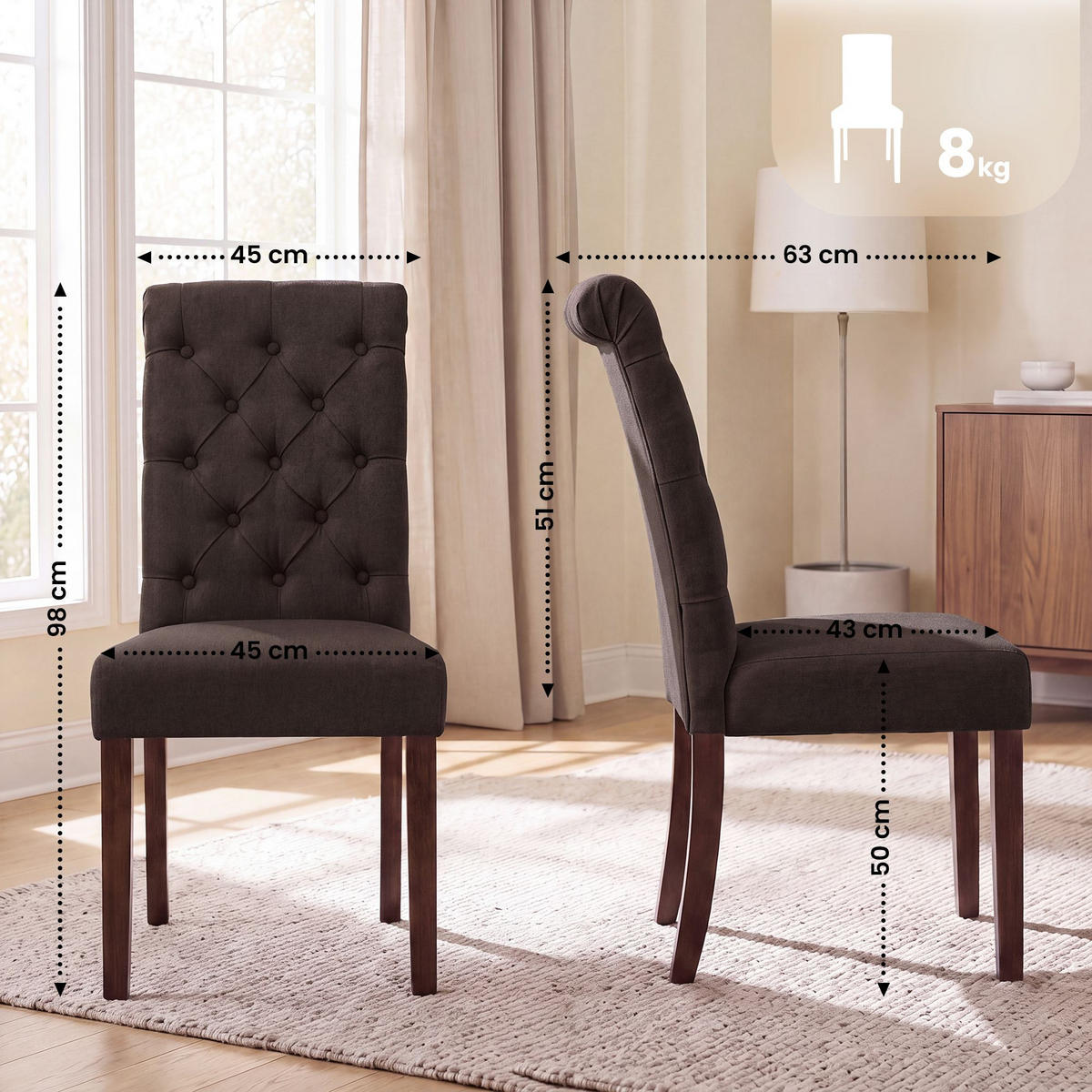 STUHL 2er Set Stoff braun - Walnussfarben/Braun, Holz/Textil (45/98/63cm) - CLP