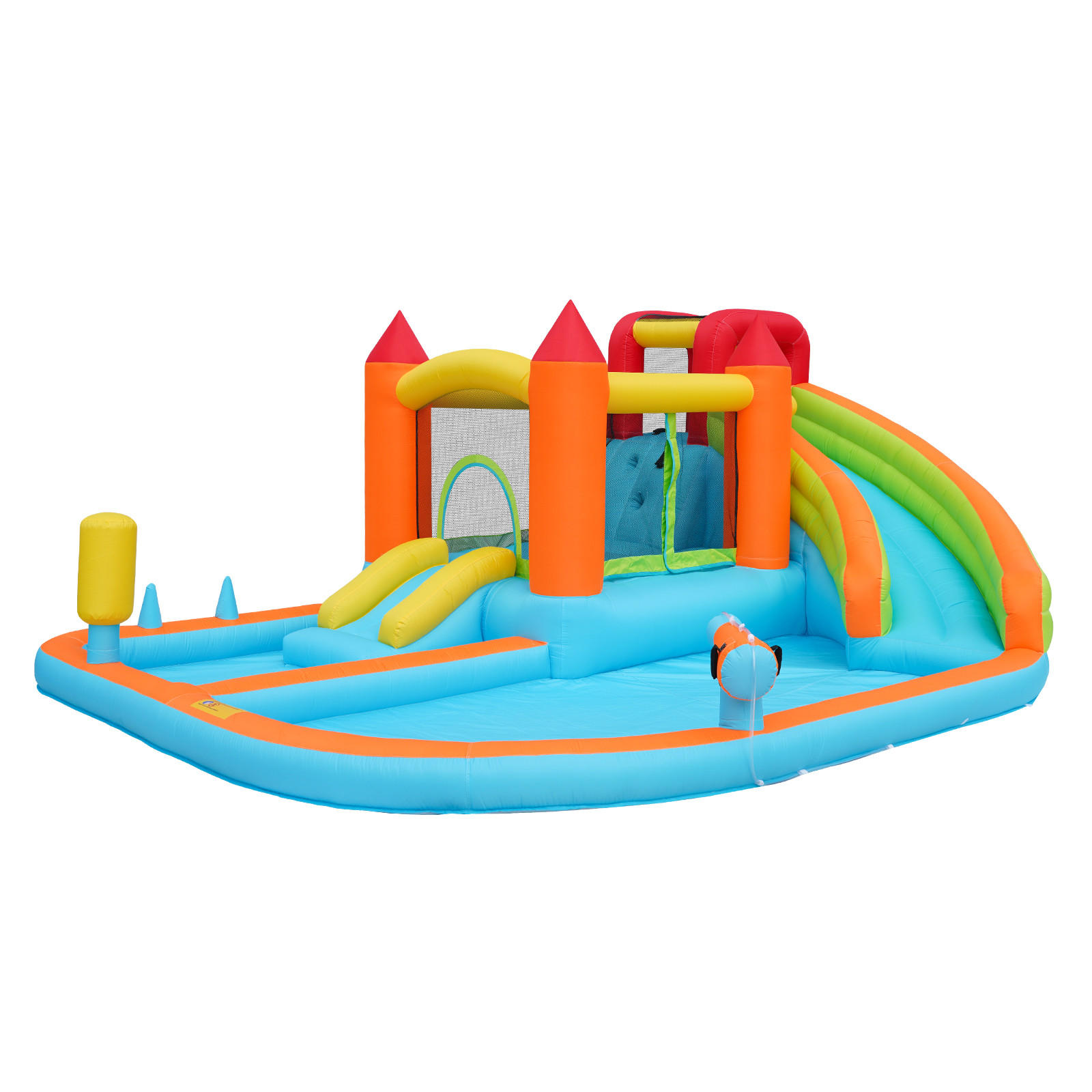 HÜPFBURG Kinder Wasserpark Rutsche Trampolin Basketball 2 Pools - Orange, Textil (460/343/190cm) - FLIEKS