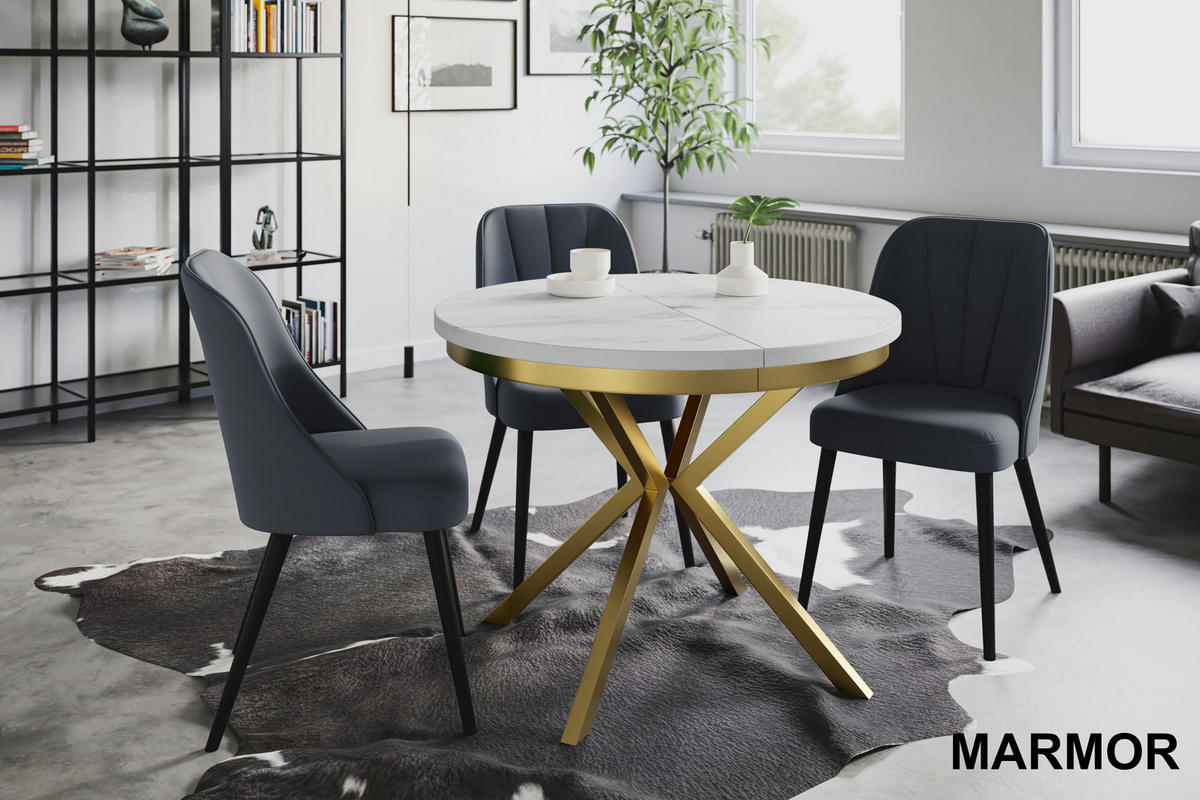 ESSZIMMERTISCH BERGO, ausziehbarer Tisch 100 cm/180 cm, Farbe: Marmur, mit Metallbeinen in Farbe Gold - Goldfarben/Hellgrau, Holzwerkstoff (100/100/76cm) - Alpi-Möbel