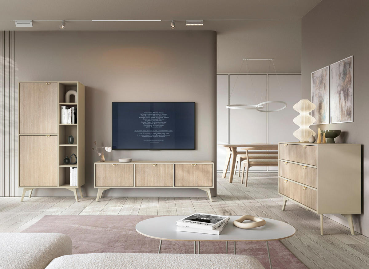 KOMMODE : Sandbeige/Skandi-Fischgrätmuster, Sandbeige Holzbeine, 158 x 80 x 38cm - Beige, Holzwerkstoff (158/80/38cm) - 3XE LIVING