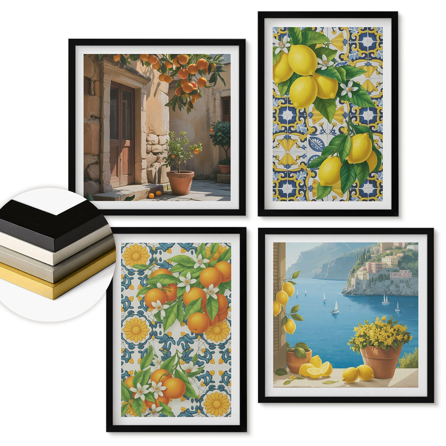 WANDBILDER 4er-Set - 50x50 cm & 40x60 cm Schwarzer Rahmen - Zitronen, Blumen, Orangen, Italien - Schwarz, Kunststoff (50/50cm) - ArtPrintCave