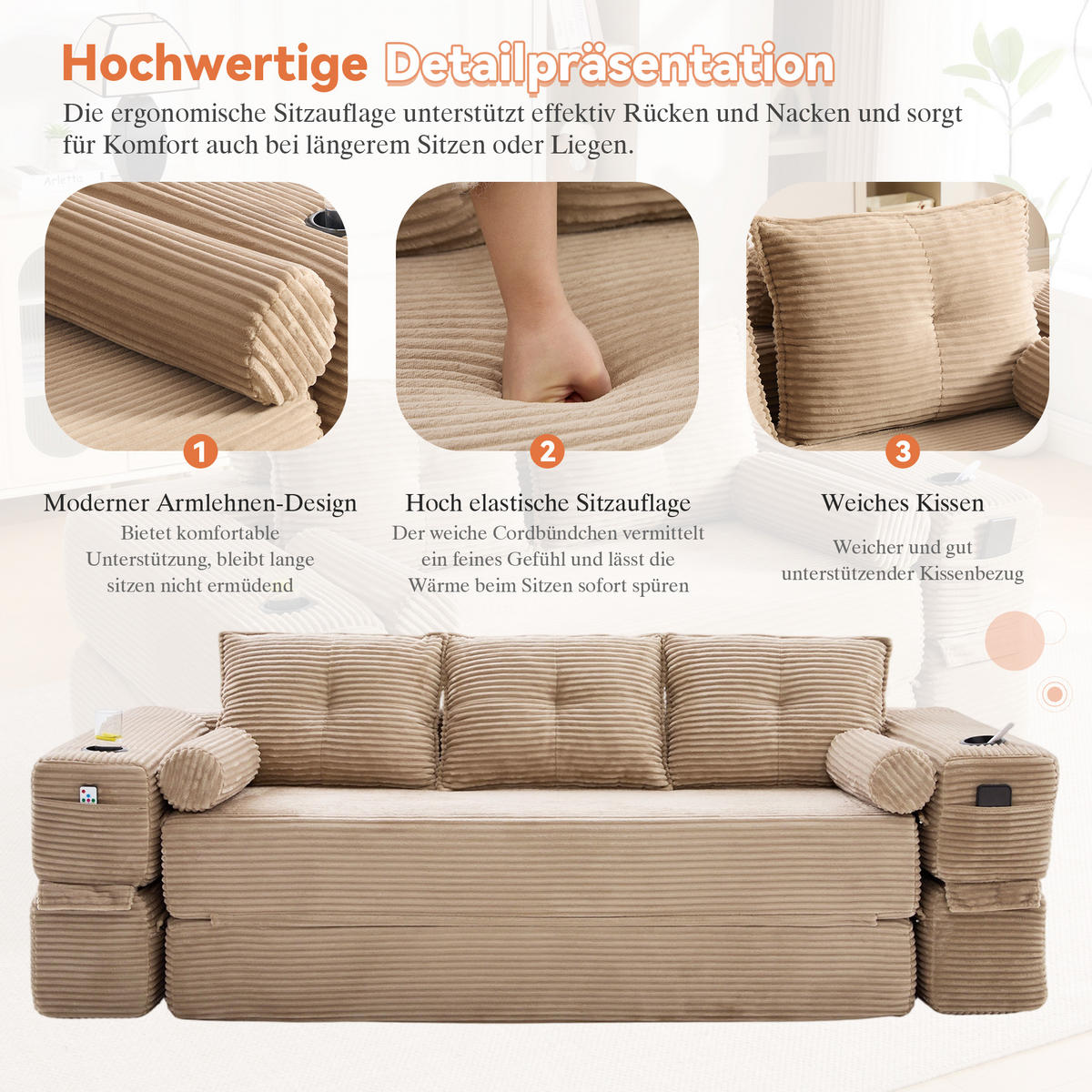 SCHLAFSOFA, 2-in-1 Klappsofa mit Getränkehalter, Modulares Bodensofa Cordstoff, Khaki - Hellbraun, Textil (232/80/98cm) - LVHOM