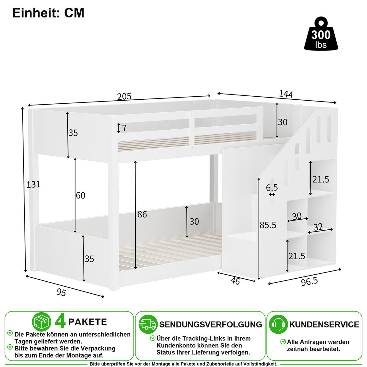 PATROVÁ POSTEL 90/200 cm & 90/200 cm v bílé barvě s úložnými schody - bílá, dřevo/kompozitní dřevo (90/200cm) - CHICFURN