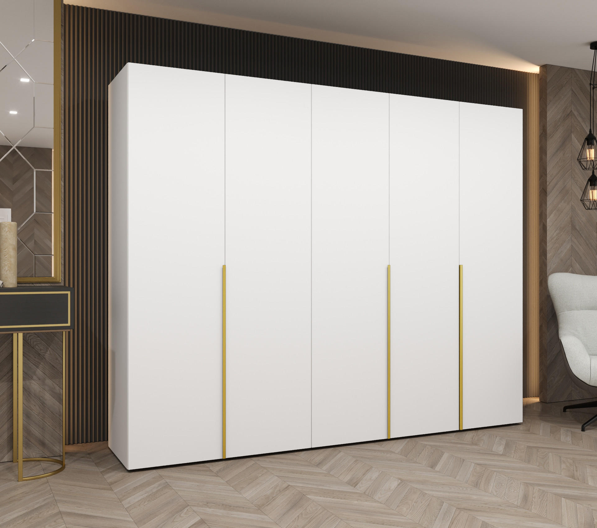 DREHTÜRENSCHRANK 202/250/52 5-türig - Goldfarben/Weiß, Holz (250/202/52cm) - Abiks Möbel
