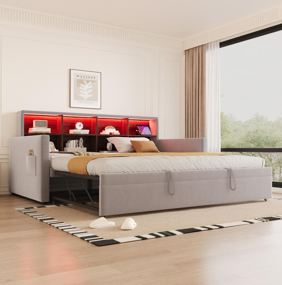 POLSTERBETT 90/190 cm aus Samt mit Ausziehbett, LED und Kopfteil-Staufächern Hellgrau - Hellgrau, Textil (90/190cm) - Modenvie
