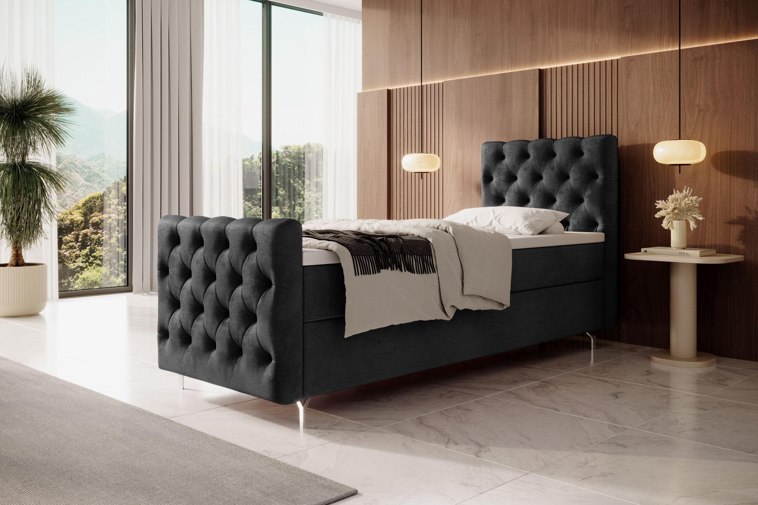 BOXBETT CHESTER PLUS mit Matratze H3, Bonell und Topper 80x200 Monolith 97 Links - Dunkelgrau, Textil (80/200cm) - Bedante