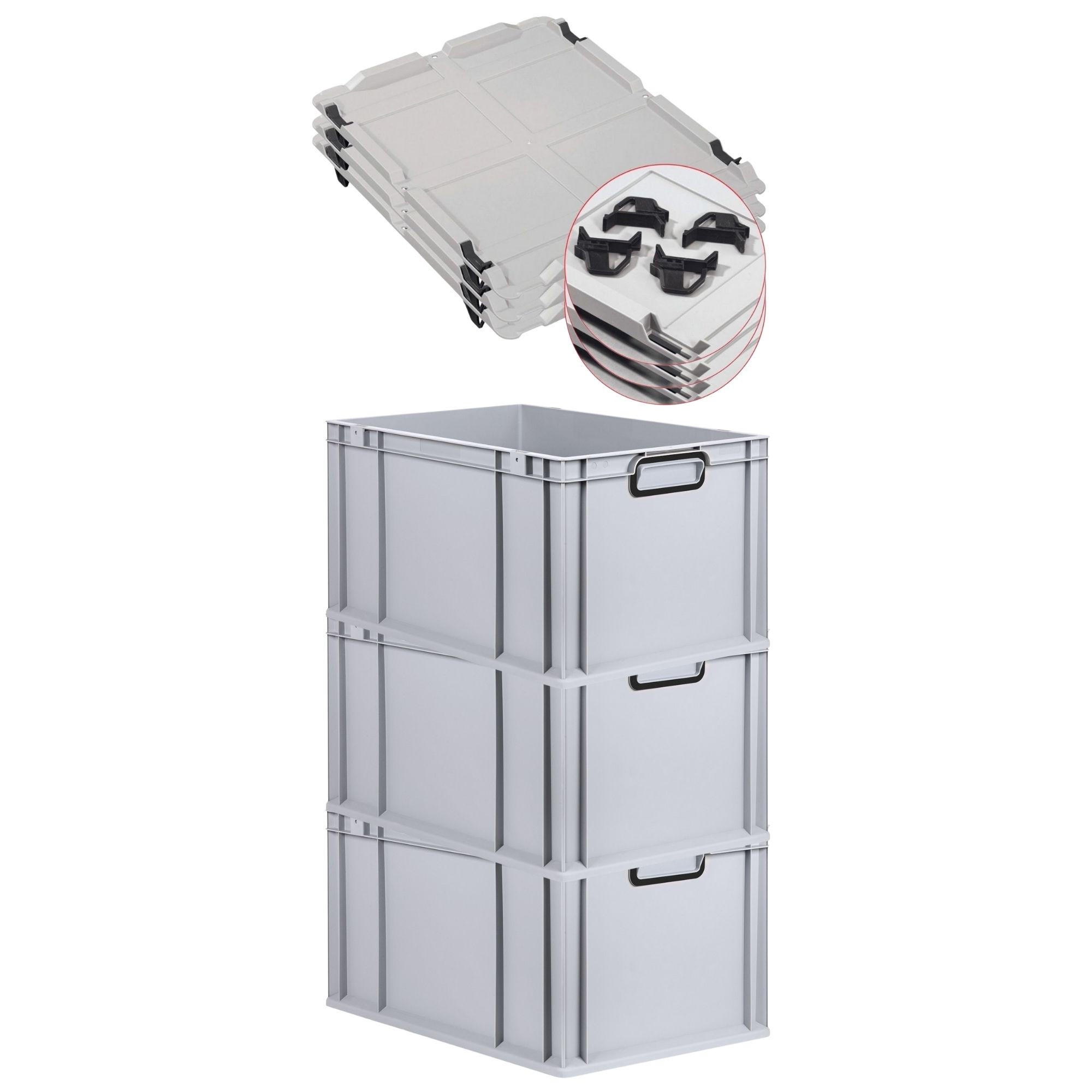 EUROBOX 3x NextGen Color mit Auflagedeckel 32x40x60 cm 65 Liter Grau Griffe schwarz zu - Schwarz/Grau, Kunststoff (40/32/60cm) - PROREGAL