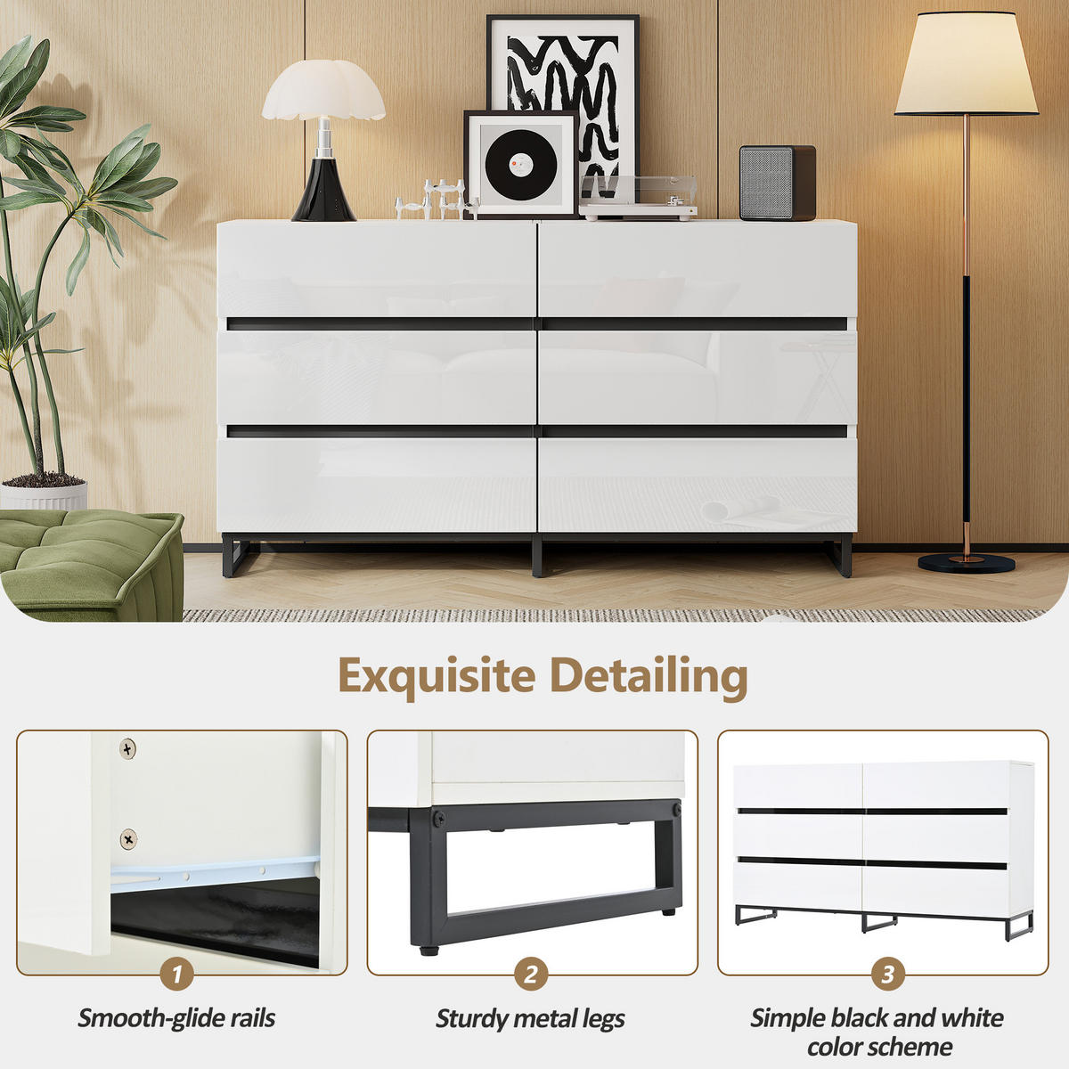 SIDEBOARD, 6 Schubladen, Hochglanz, Weiß/Schwarz, 140x39.5x78.5cm - Weiß, Holzwerkstoff (39.5/78.5/140cm) - FLIEKS