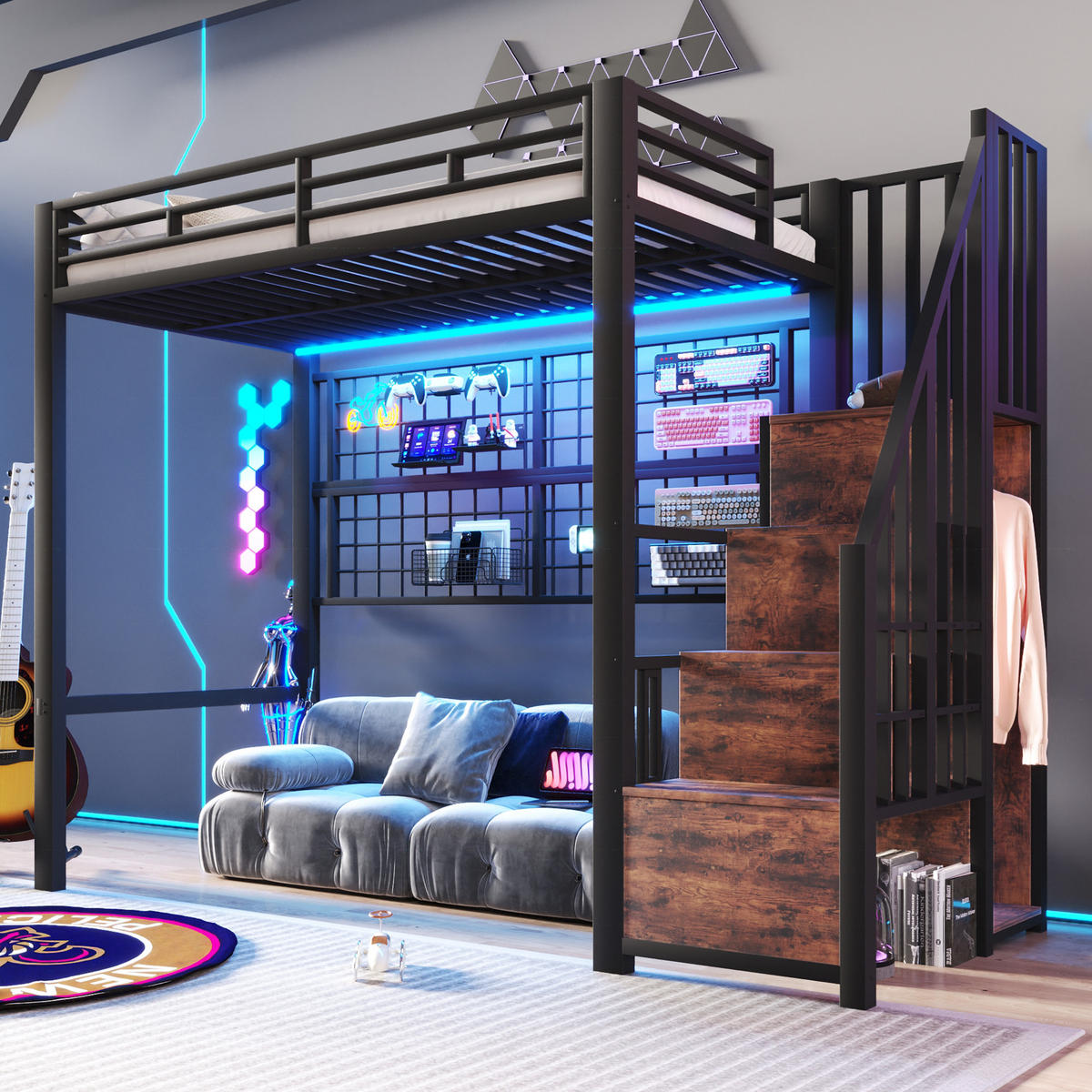 HOCHBETT 90x200 cm LED Schrank schwarz - Schwarz, Metall (90/200cm) - LEBENLANG