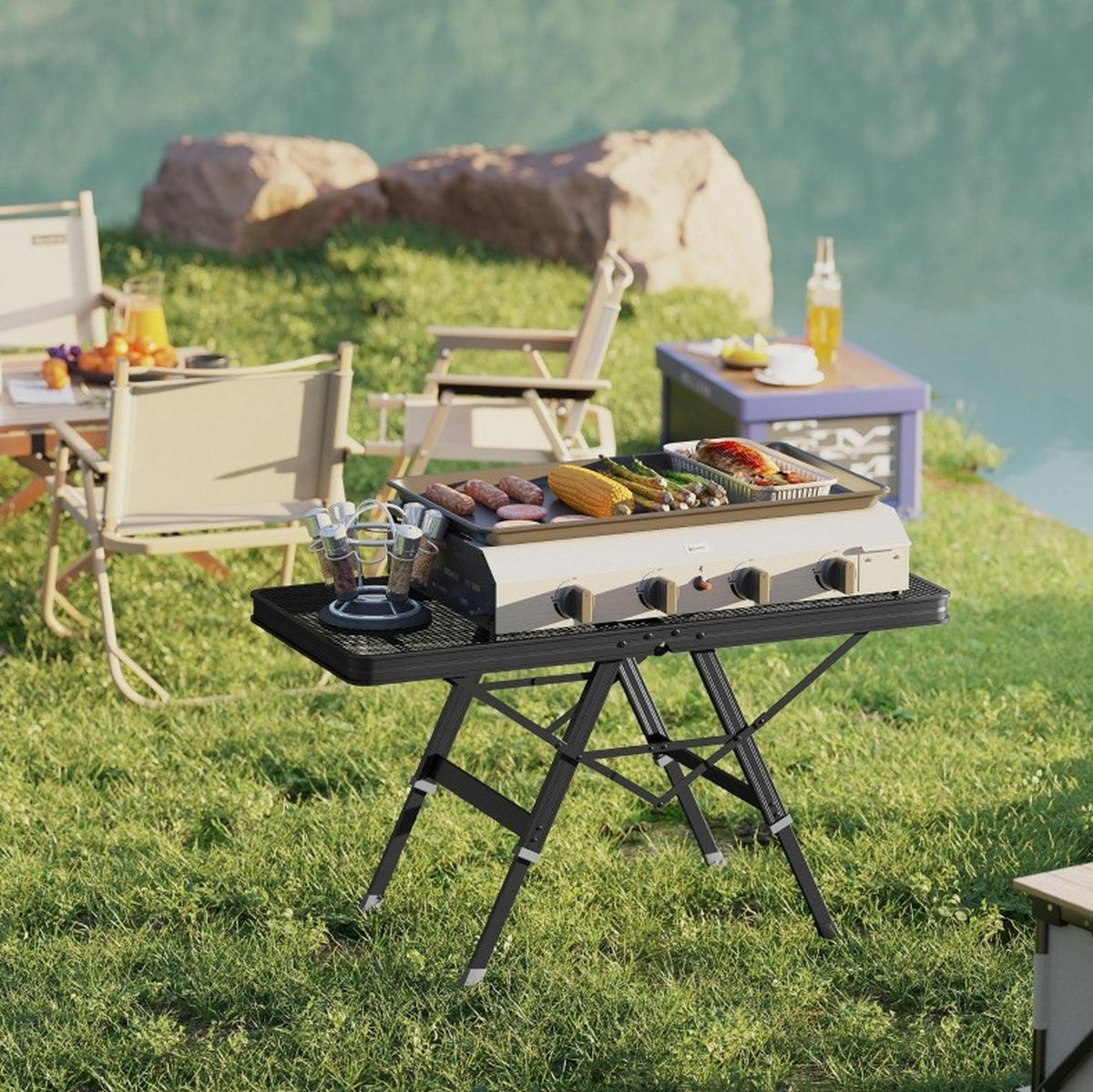 CAMPINGTISCH 90/40,5/48-58 cm höhenverstellbar und klappbar mit Metallgitter-Tischplatte, Schwarz - Schwarz, Metall (90/40.5/58cm) - Redom
