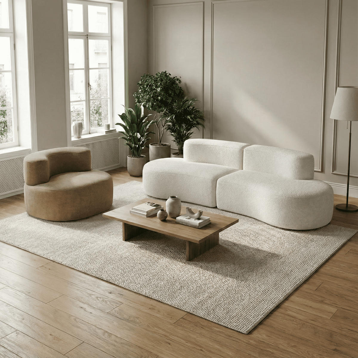 SITZGARNITUR Lounge Sofa und Sessel Weiß und Sand - Beige/Weiß, Textil (240/75/102cm) - COCO Living