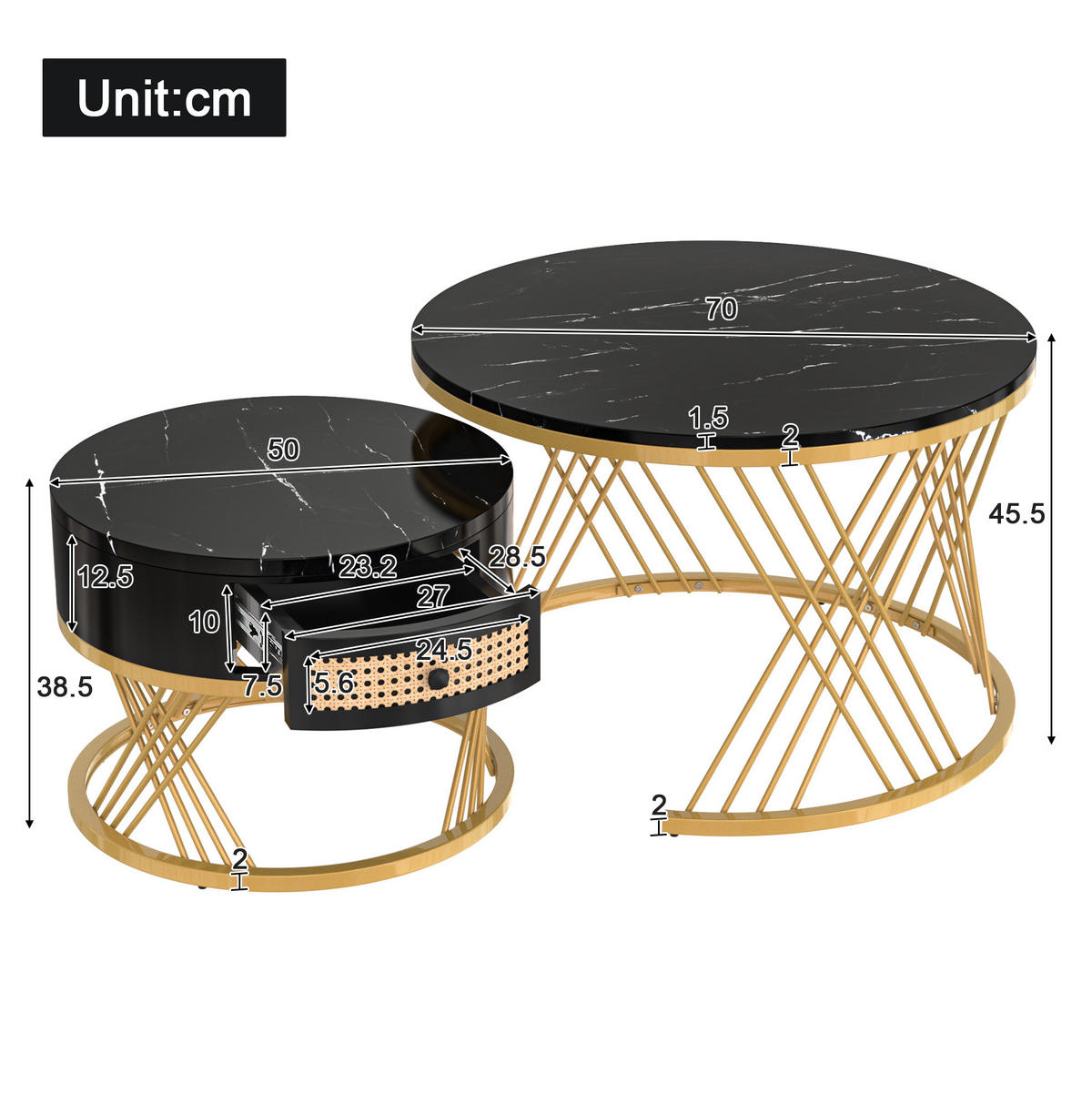 COUCHTISCH-SET rund 70/70/45,5 cm aus MDF mit Schublade in Schwarz/Gold - Schwarz, Holzwerkstoff (70/70/45.5cm) - Flora Grace