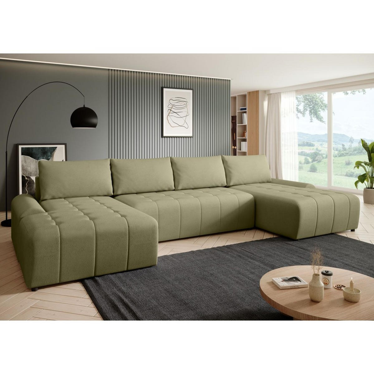 WOHNLANDSCHAFT Costa U Hellgrün, Velours - Schwarz/Hellgrün, Kunststoff/Textil (367/80/169cm) - Beautysofa