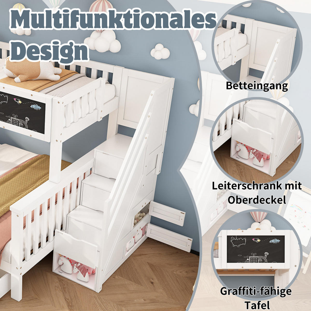 KINDER-ETAGENBETT 90x200+140x200 Tafel Schubladen Weiß - Weiß, Holzwerkstoff (140/200cm) - FLIEKS