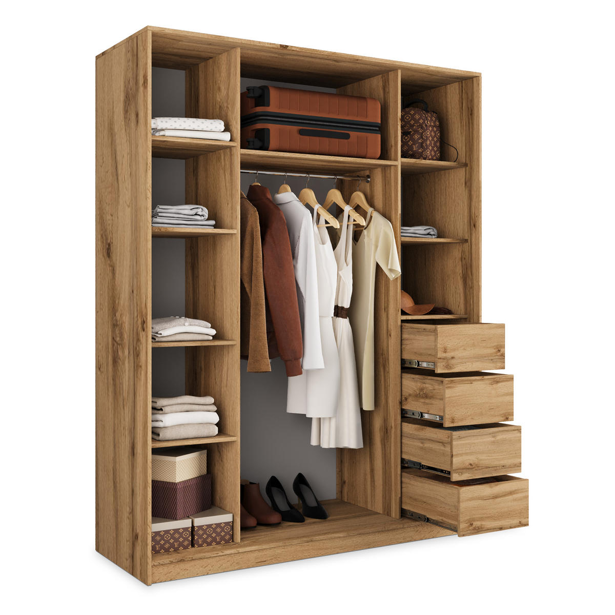 SCHWEBETÜRENSCHRANK PINA 160/205/58 cm 3-türig mit Spiegel und 4 Schubladen Eiche Wotan - Eiche Wotan, Holzwerkstoff (160/205/58cm) - MASSENO
