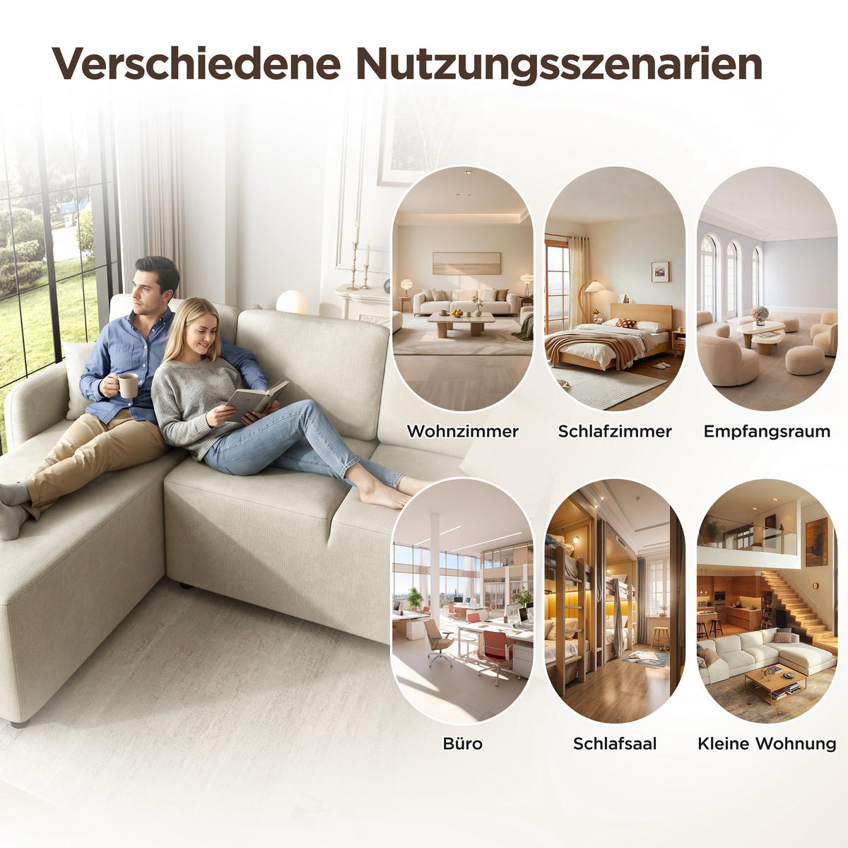 ECKSOFA 187.5/144/85.5 cm Hellbeige Chenille mit 2 Kissen - Beige, Holz/Textil (187.5/144cm) - Oxeza