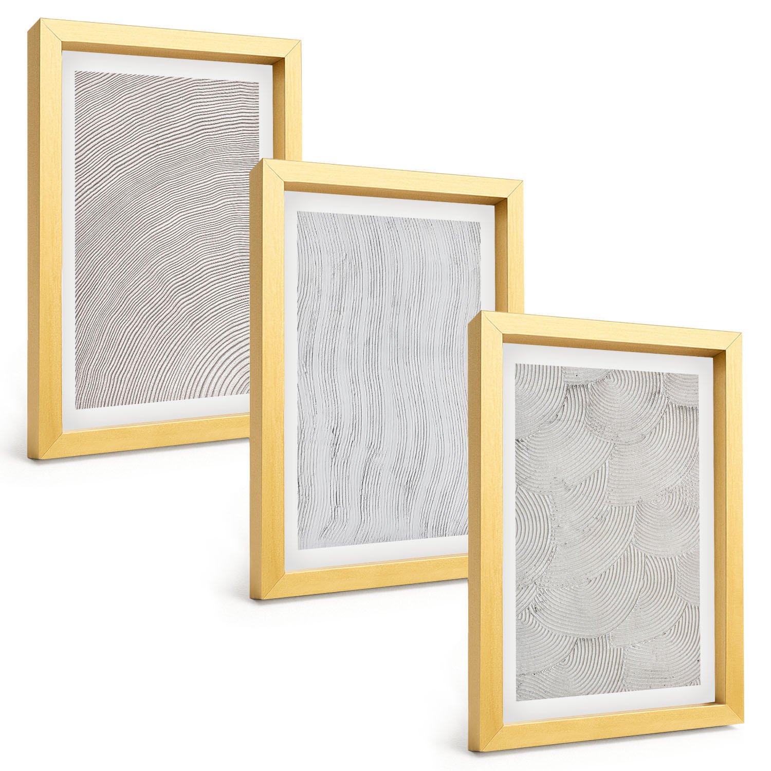 BILDER SET 3er Set - 20x30 cm Goldrahmen - Sandmuster geometrische Strukturen - Goldfarben, Kunststoff (20/30cm) - TULUP