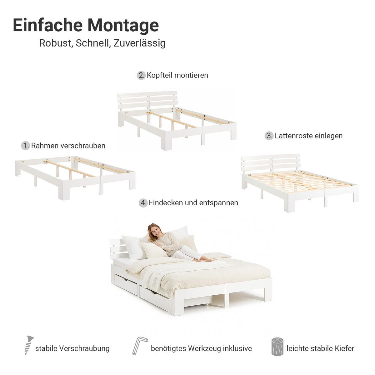 HOLZBETT Weiß 180/200 cm mit 2 Matratzen und Bettkästen - Weiß, Holz - Homestyle4u