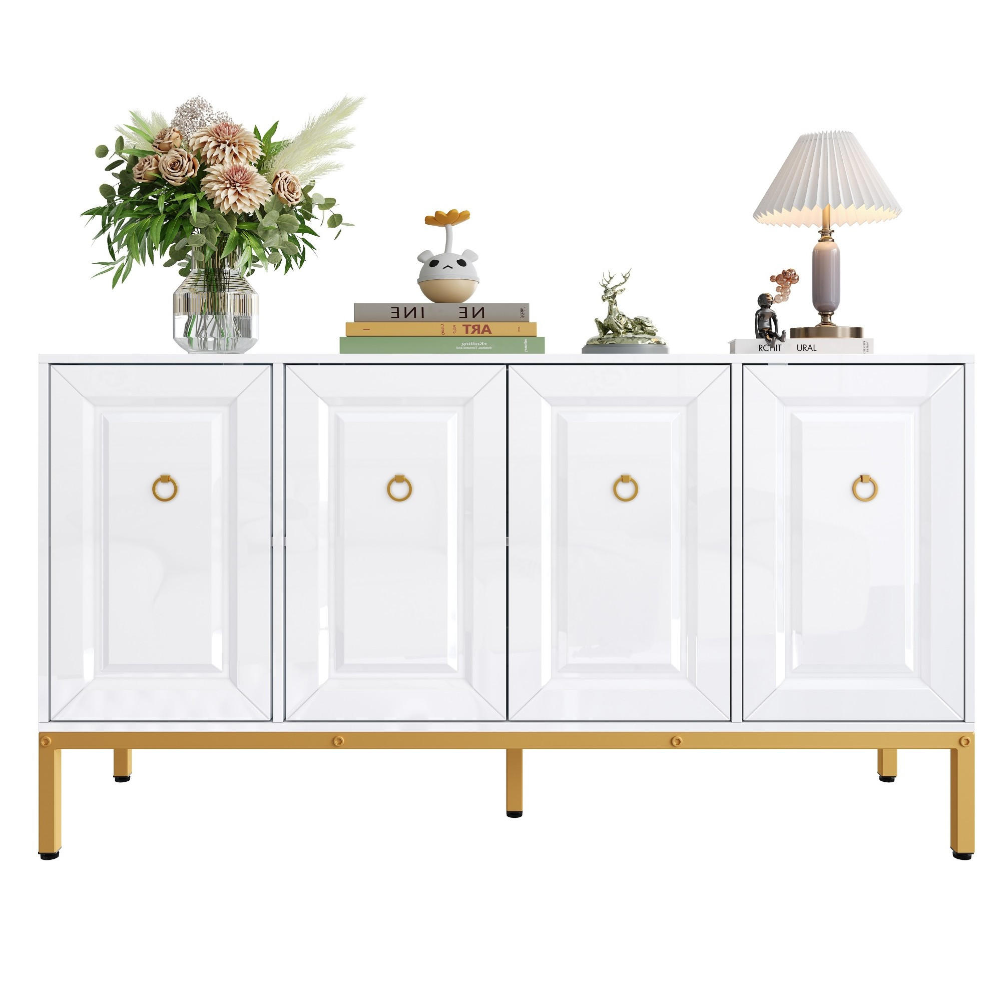 SIDEBOARD in Hochglanz Weiß mit goldenen Metallbeinen und eleganten Ringgriffen, 140/40/80 cm, Weiß/Gold - Weiß, Holzwerkstoff (140/80/40cm) - Redom