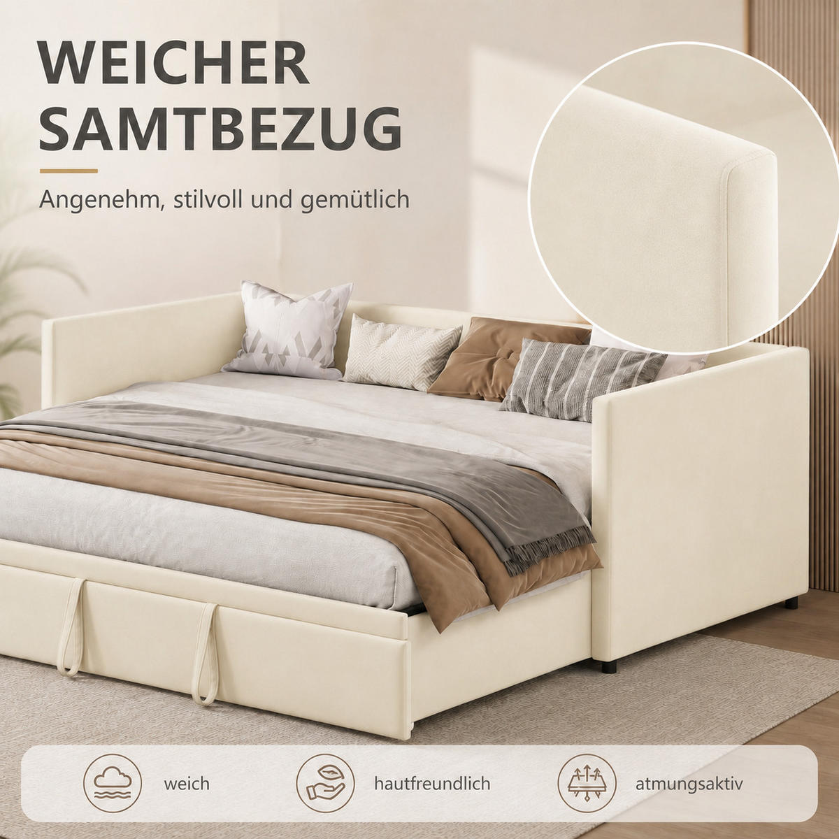 SCHLAFSOFA Samt creme ausziehbar mit Gästebett Funktion 3-fach umwandelbar Tagesbett mit Rollen - Beige, Metall (183/74/213cm) - Joyfair