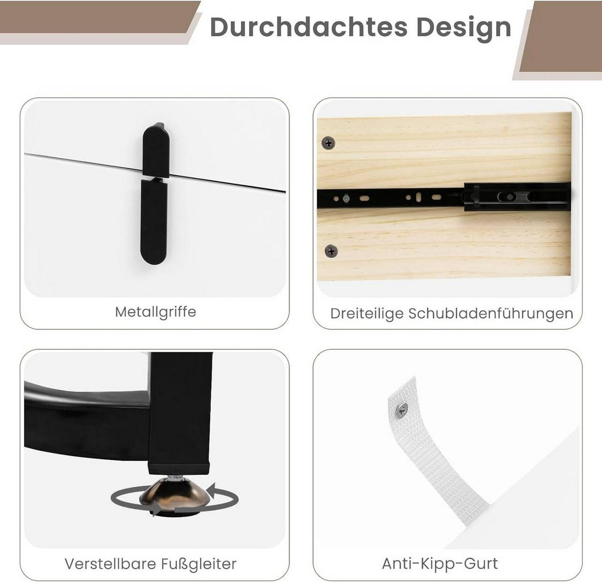 SCHMINKTISCH mit LED, Glasplatte, Seitenschrank, Weiß+Schwarz - Schwarz/Weiß, Holzwerkstoff/Metall (100/125/40cm) - Woltu