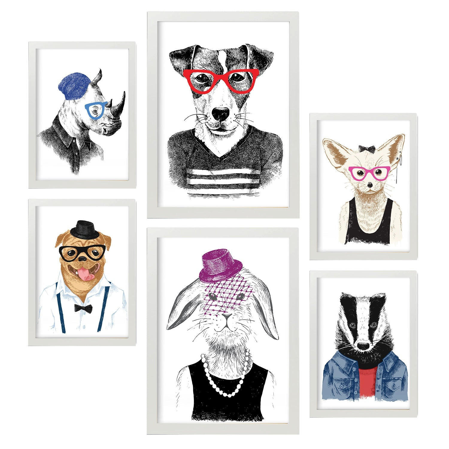 POSTER Set Mit 6 Edle Tiere Im Farbenfrohen Handgezeichneten Stil Weißer Hintergrunddruck Mit Tieren In Menschlicher Kleidung A3 & A4 Weißer Rahmen - Weiß, Papier (29/3cm) - Nacnic