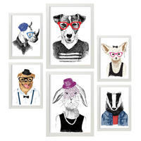 POSTER Set Mit 6 Edle Tiere Im Farbenfrohen Handgezeichneten Stil Weißer Hintergrunddruck Mit Tieren In Menschlicher Kleidung A3 & A4 Weißer Rahmen - Weiß, Papier (29/3cm) - Nacnic