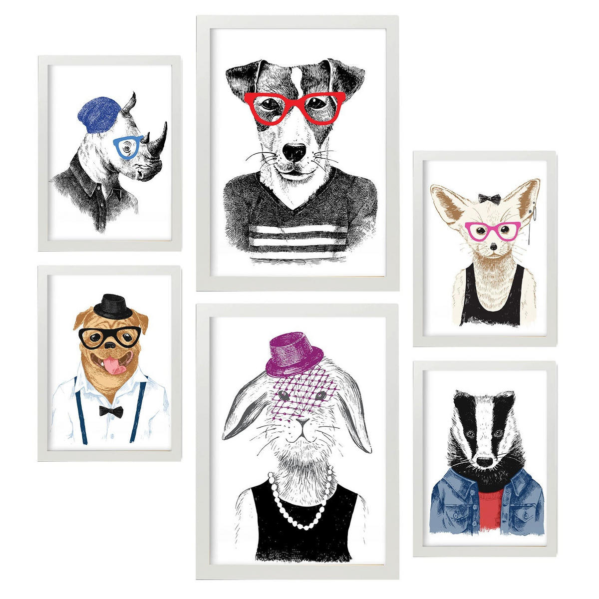 POSTER Set Mit 6 Edle Tiere Im Farbenfrohen Handgezeichneten Stil Weißer Hintergrunddruck Mit Tieren In Menschlicher Kleidung A3 & A4 Weißer Rahmen - Weiß, Papier (29/3cm) - Nacnic
