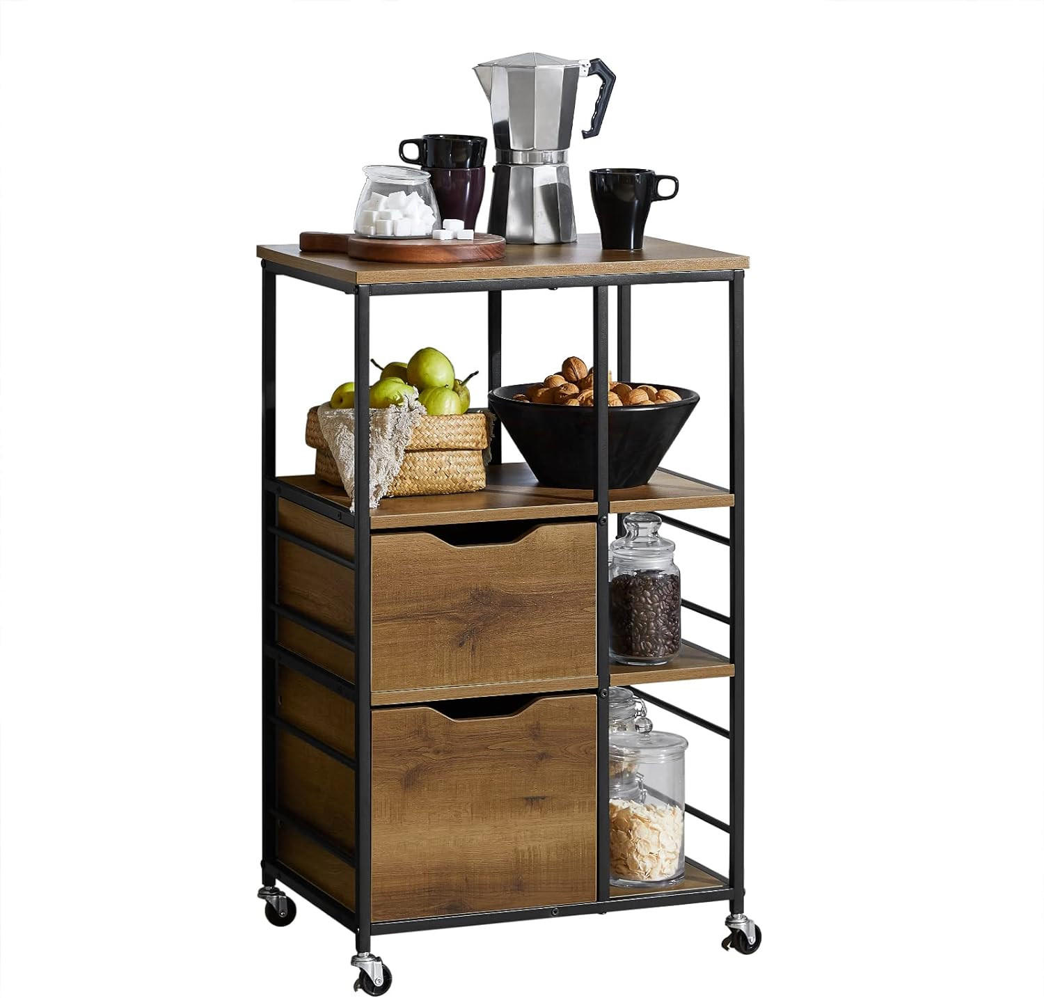 SoBuy KUCHYŇSKÝ VOZÍK se 2 zásuvkami Hnědá 53x37x89cm Industriální