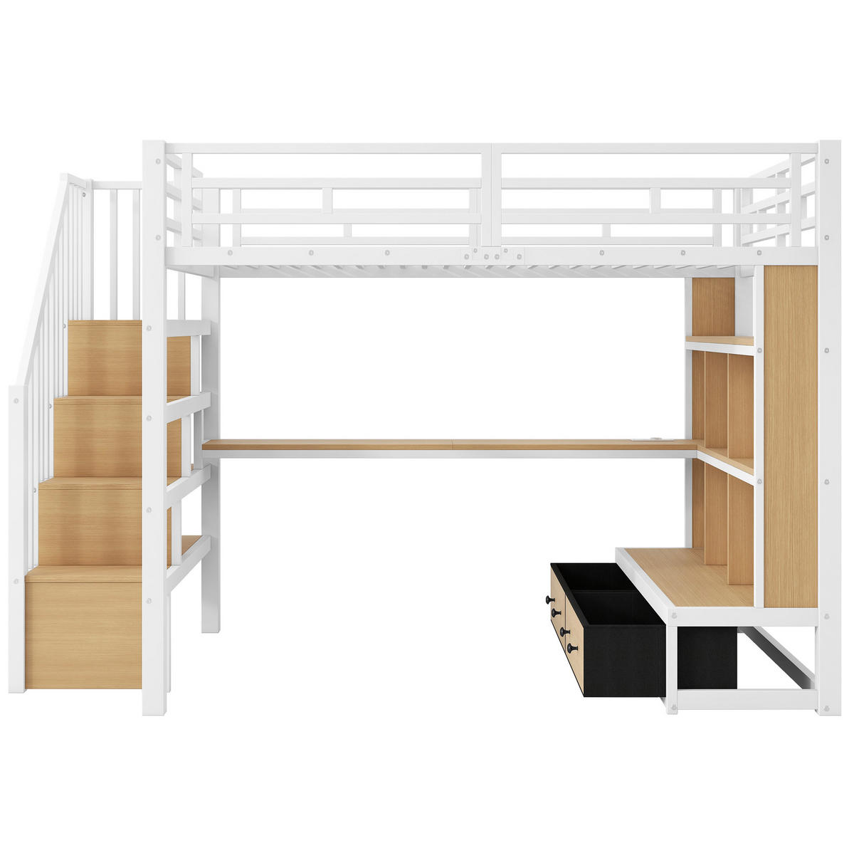 HOCHBETT 140x200 cm in Weiß mit Schreibtisch, Regalen, LED-Beleuchtung und Stauraumtreppe - Weiß, Holzwerkstoff (140/200cm) - IVMEU