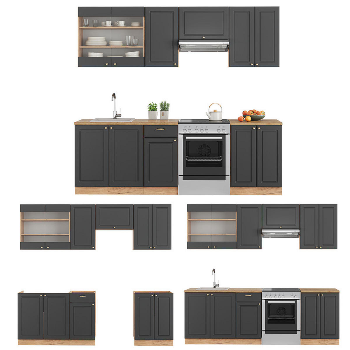 KÜCHENZEILE Fame-Line Anthrazit Landhaus/Goldkraft Eiche 240 cm ohne AP - Dunkelgrau/Eiche Wotan, Holzwerkstoff (240/81.6/46cm) - Vicco