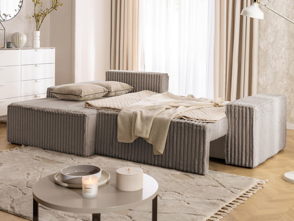 ECKSOFA Rivio mit Schlaffunktion und Bettkasten, Plüschcord Taupe - Taupe/Schwarz, Holz/Kunststoff (149/262cm) - S-Style