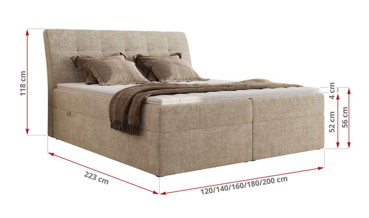 BOXBETT DAGOS 120/200 - Beige Schenille grob gewebt - H3 - Topper Visco - Beige, Textil (120/200cm) - MKS