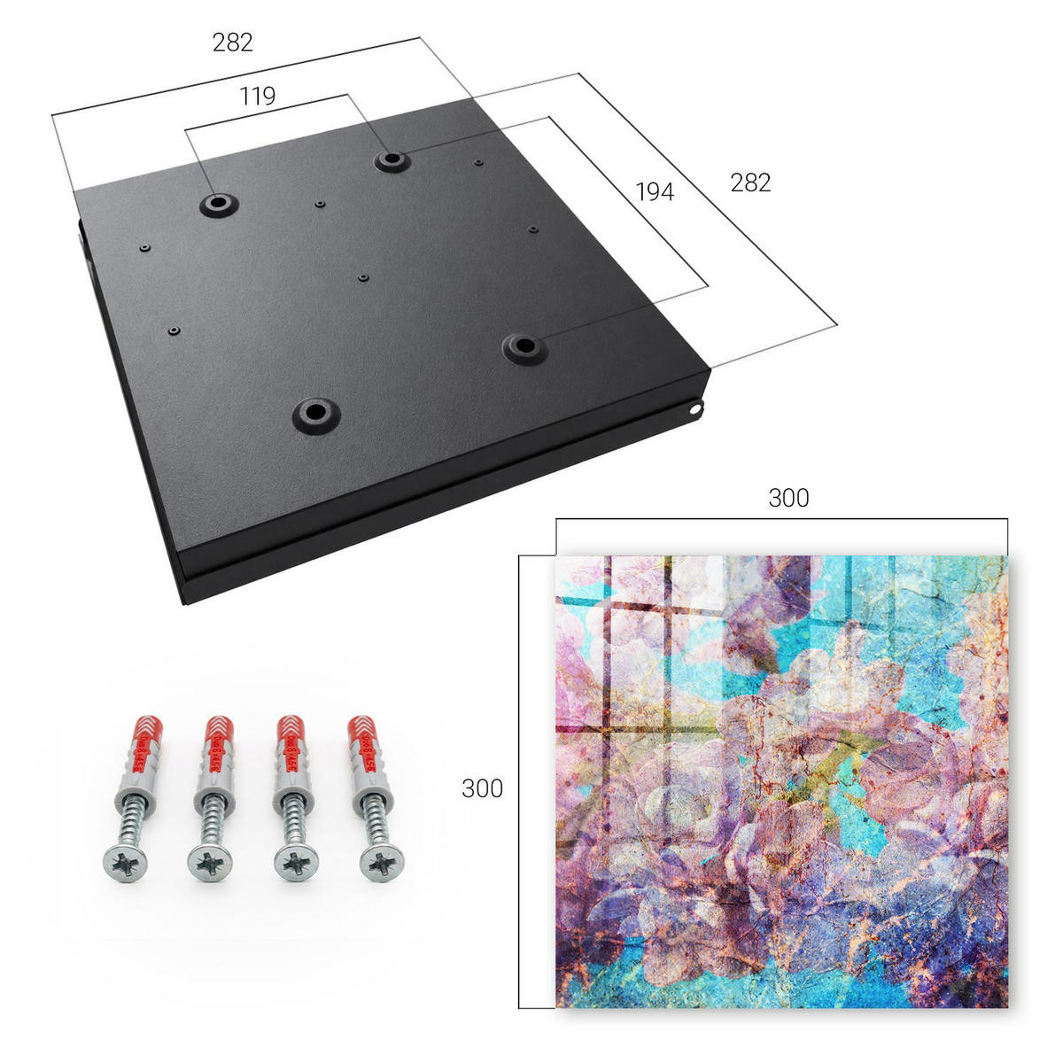 SCHLÜSSELBOX Schwarz 30x30 cm- Türöffnung nach rechts - Bunte Blumen - Blau, Metall (30/30/5cm) - TULUP