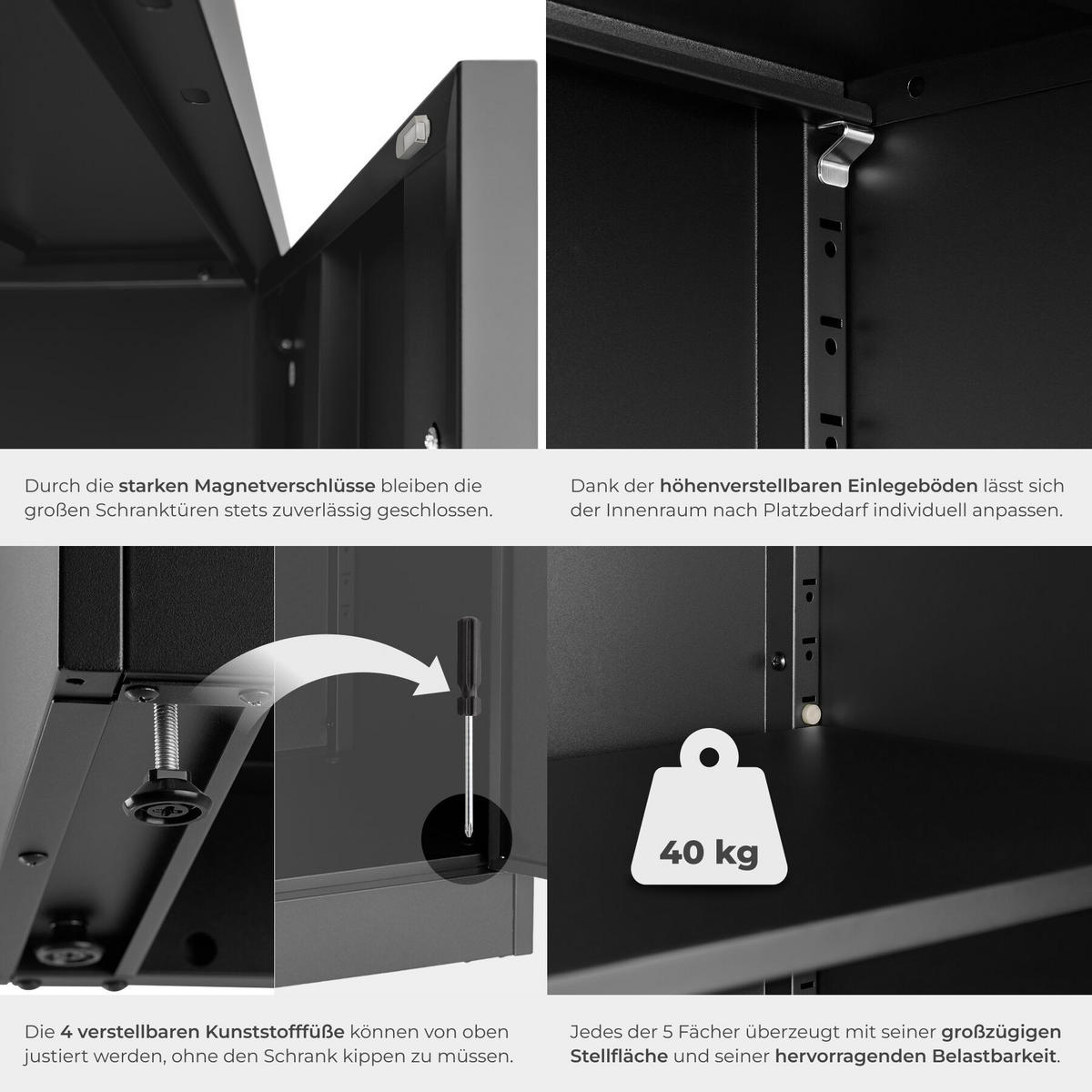 AKTENSCHRANK Brandon, Kippschutz, höhenverstellbare Füße, schwarz - Schwarz, Metall (60/180.5/40cm) - tectake
