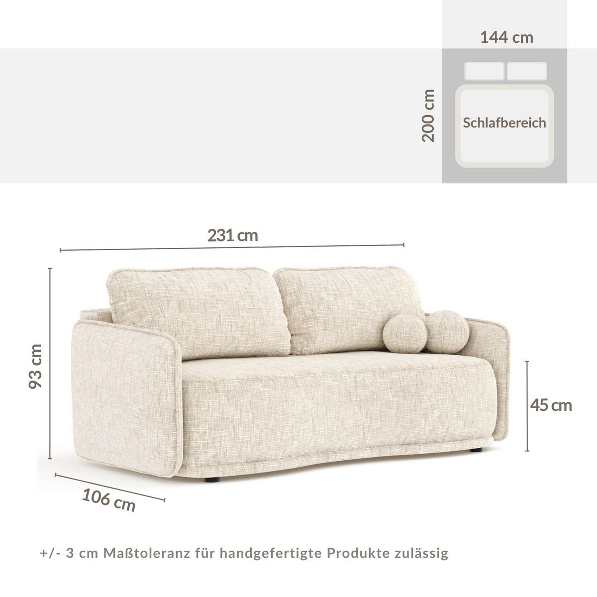 SCHLAFSOFA Mitsis Creme Webstoff - Creme/Schwarz, Holz/Holzwerkstoff (231/93/106cm) - Maison de Reve
